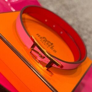 Hermès Behapi Double Tour Bracelet T2 Rose Azalee Rouge Casaque Full Set